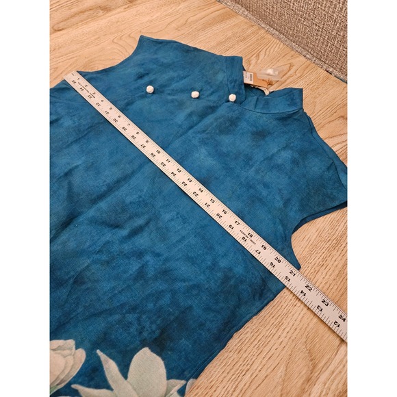 Chinese Style Long Dress with Magnolia Flower Print Blue Size Large High Neck - Picture 4 of 11